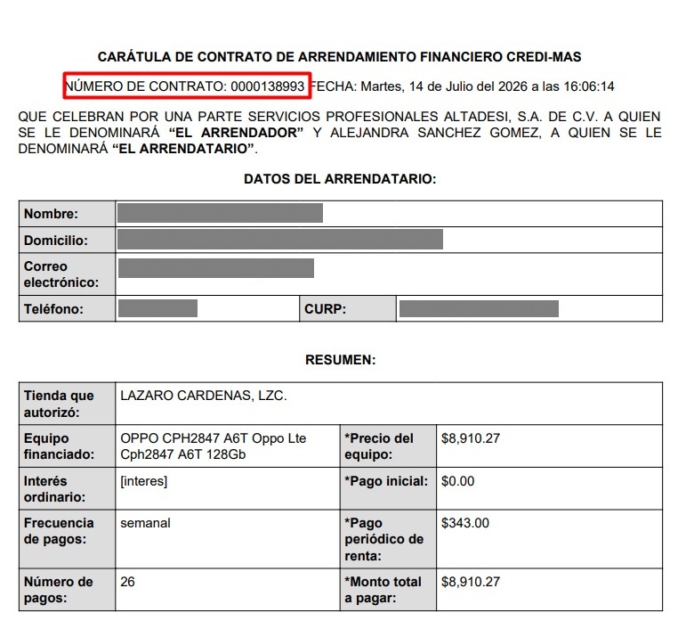 Ubicación del número de contrato